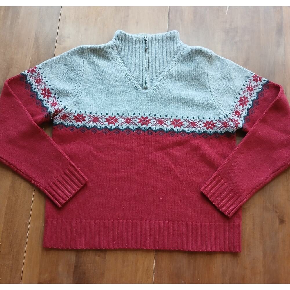 Woolrich Women’s Lambswool Sweater S Lined Fair Isle Zip Neck Winter Knit Red